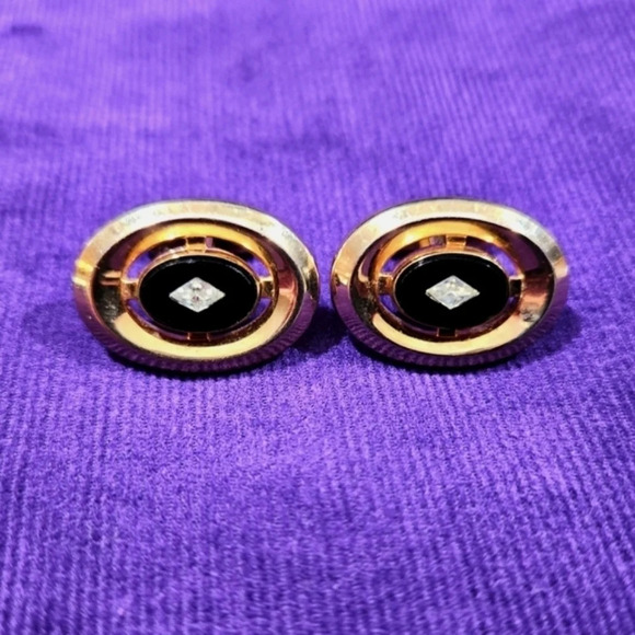 Vintage Anson Cufflinks Onyx Glass Faux Diamond Accent Oval Signed - Picture 10 of 10